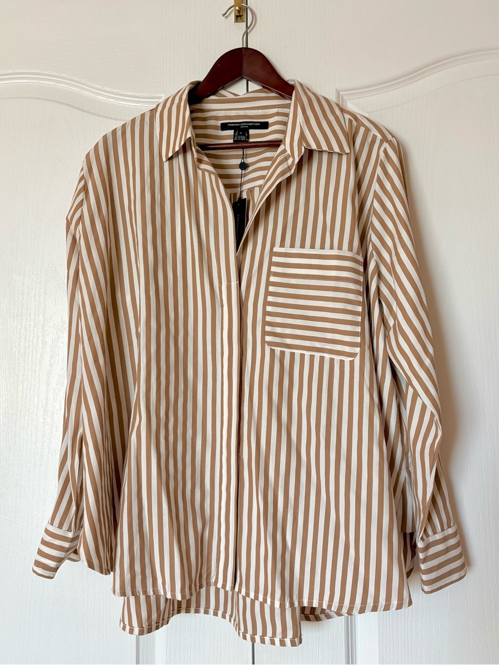 French Connection Beige and White Striped Button-Down Shirt Size XL